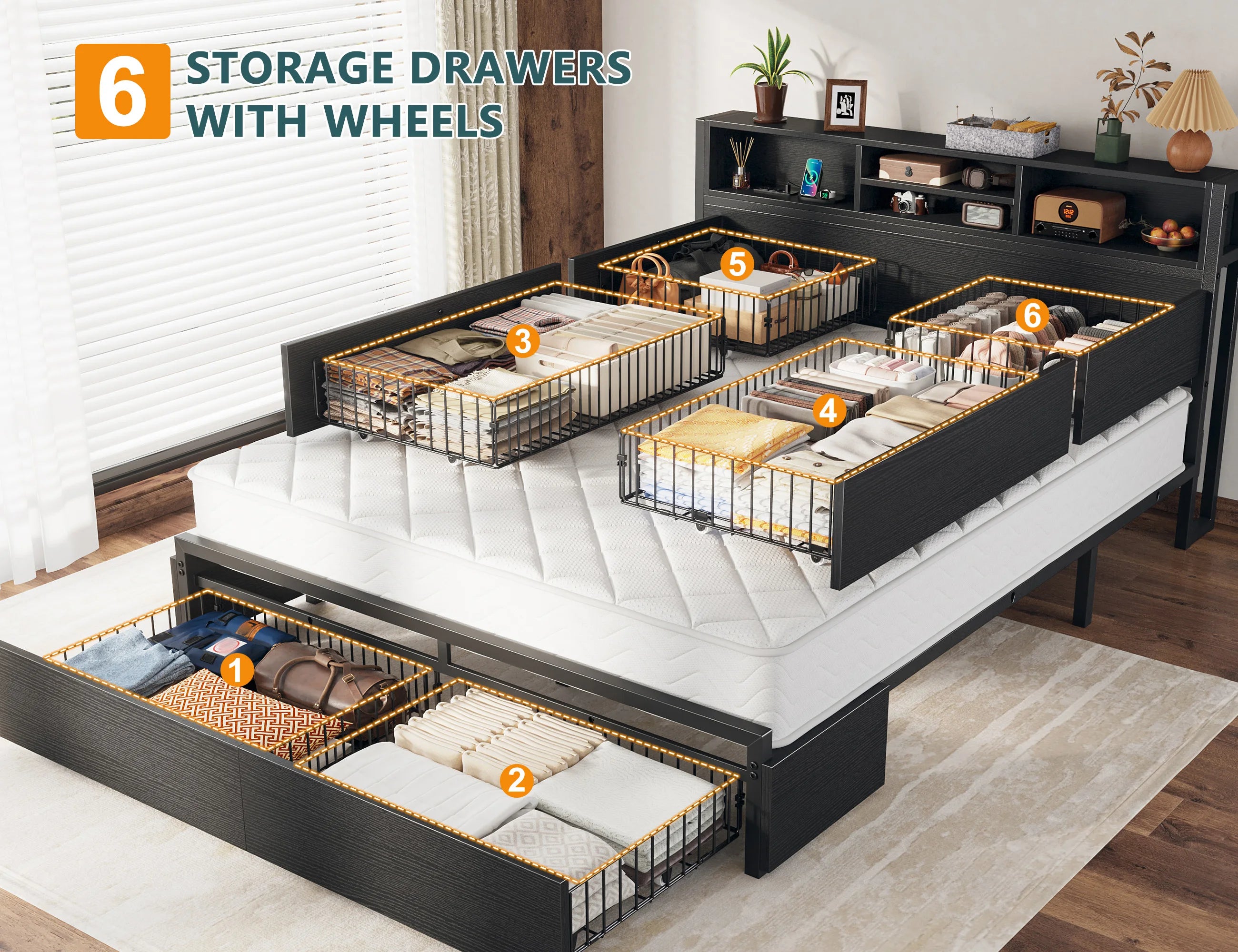 Metal Platform Bed with Storage Drawers