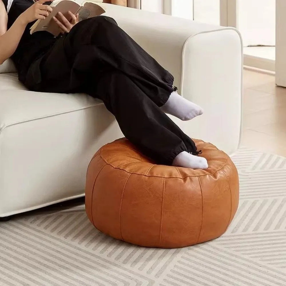Round Storage Pouf, PU Leather