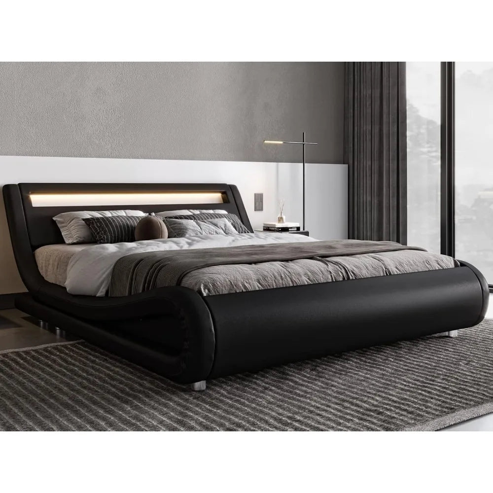 LED Platform Bed Frame, Faux Leather