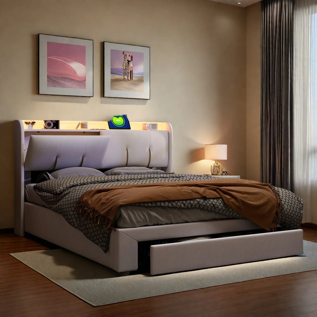 Upholstered Storage Bed Frame with LED & USB