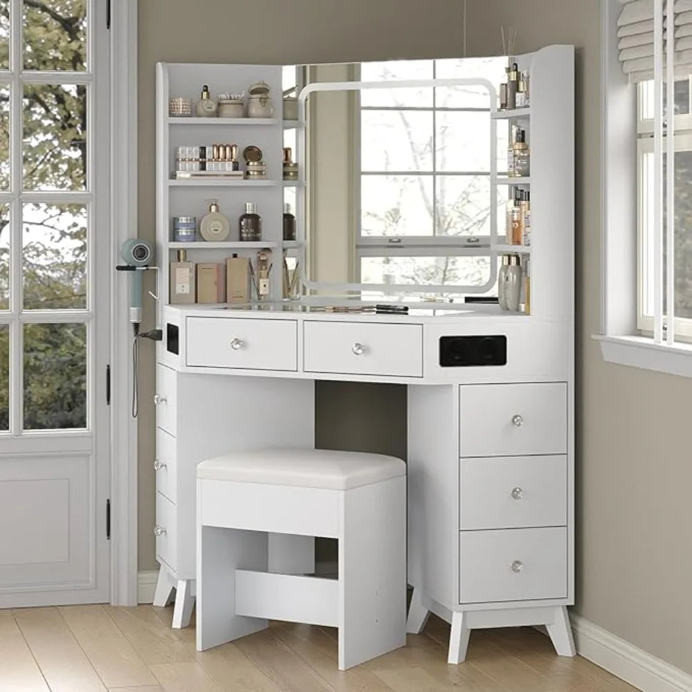 Corner Vanity Desk with Speaker & Mirror