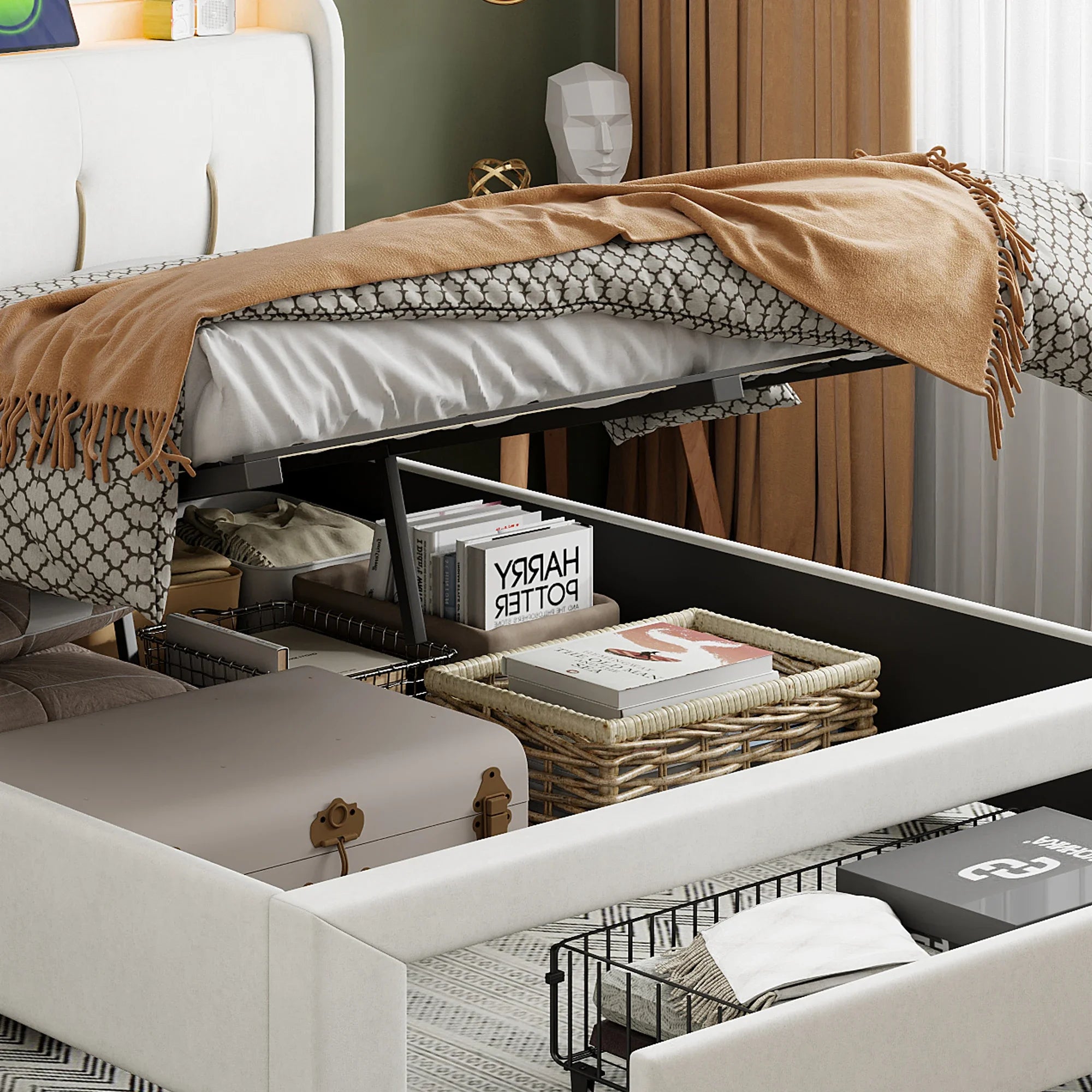 Upholstered Storage Bed Frame with LED & USB
