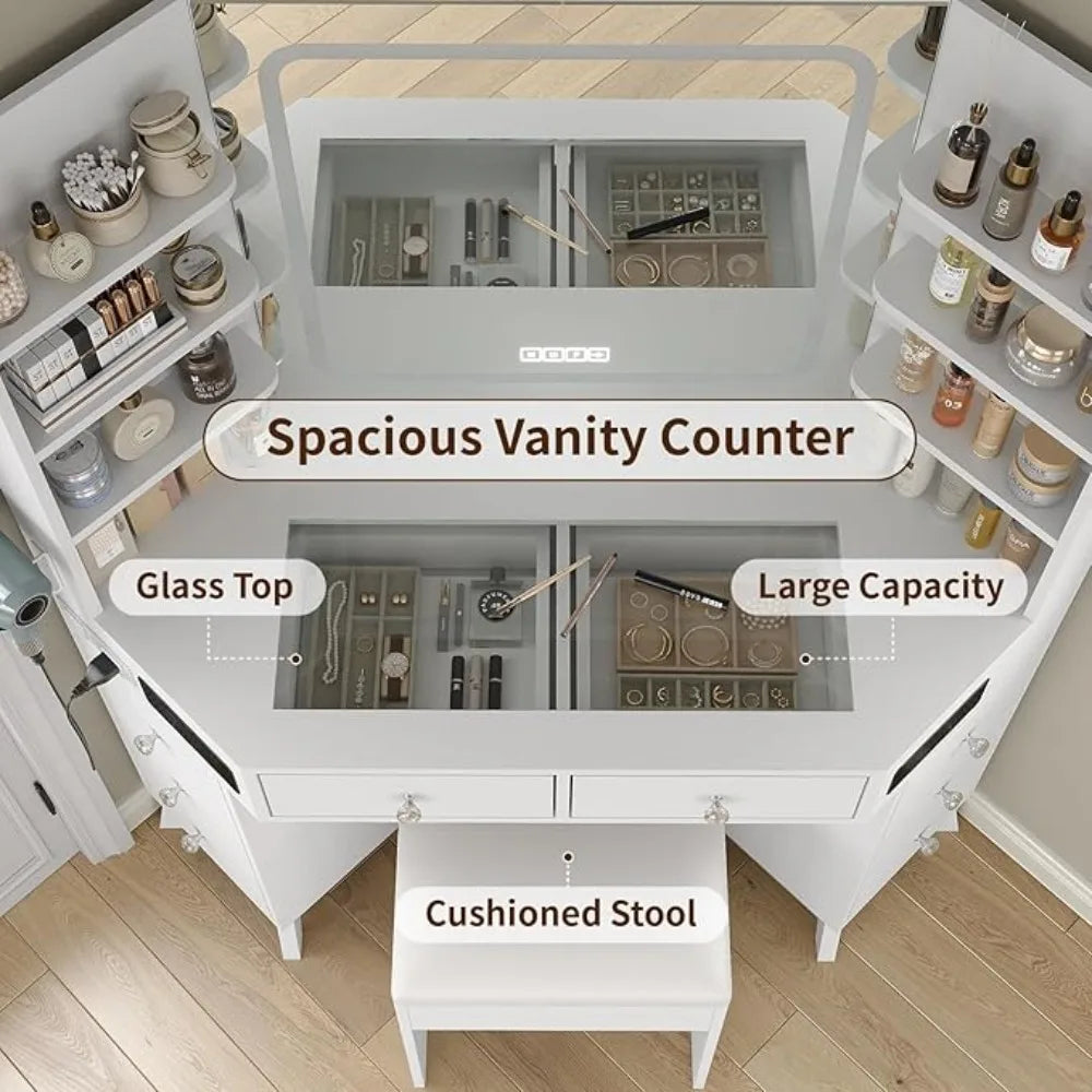 Corner Vanity Desk with Speaker & Mirror