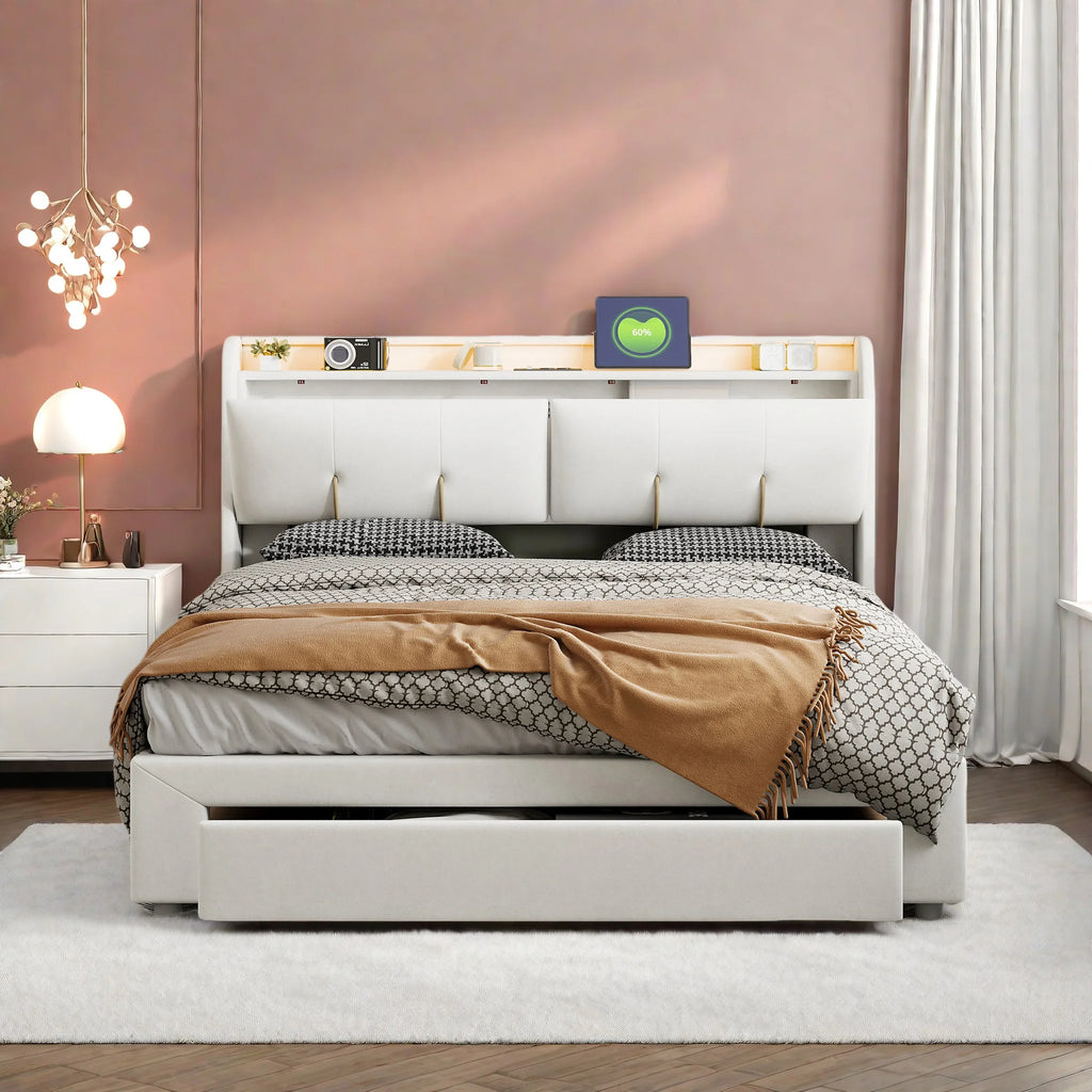 Upholstered Storage Bed Frame with LED & USB