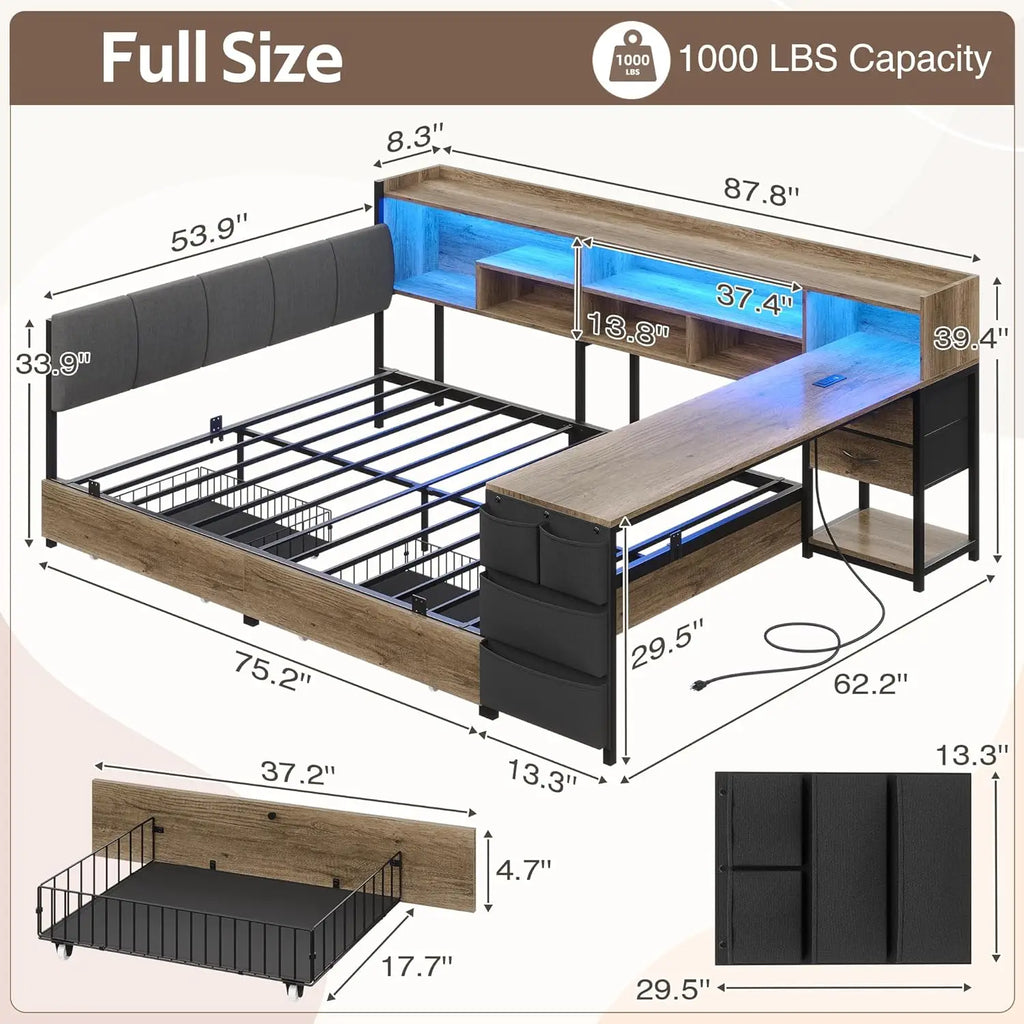 Corner Storage Bed with Desk Headboard