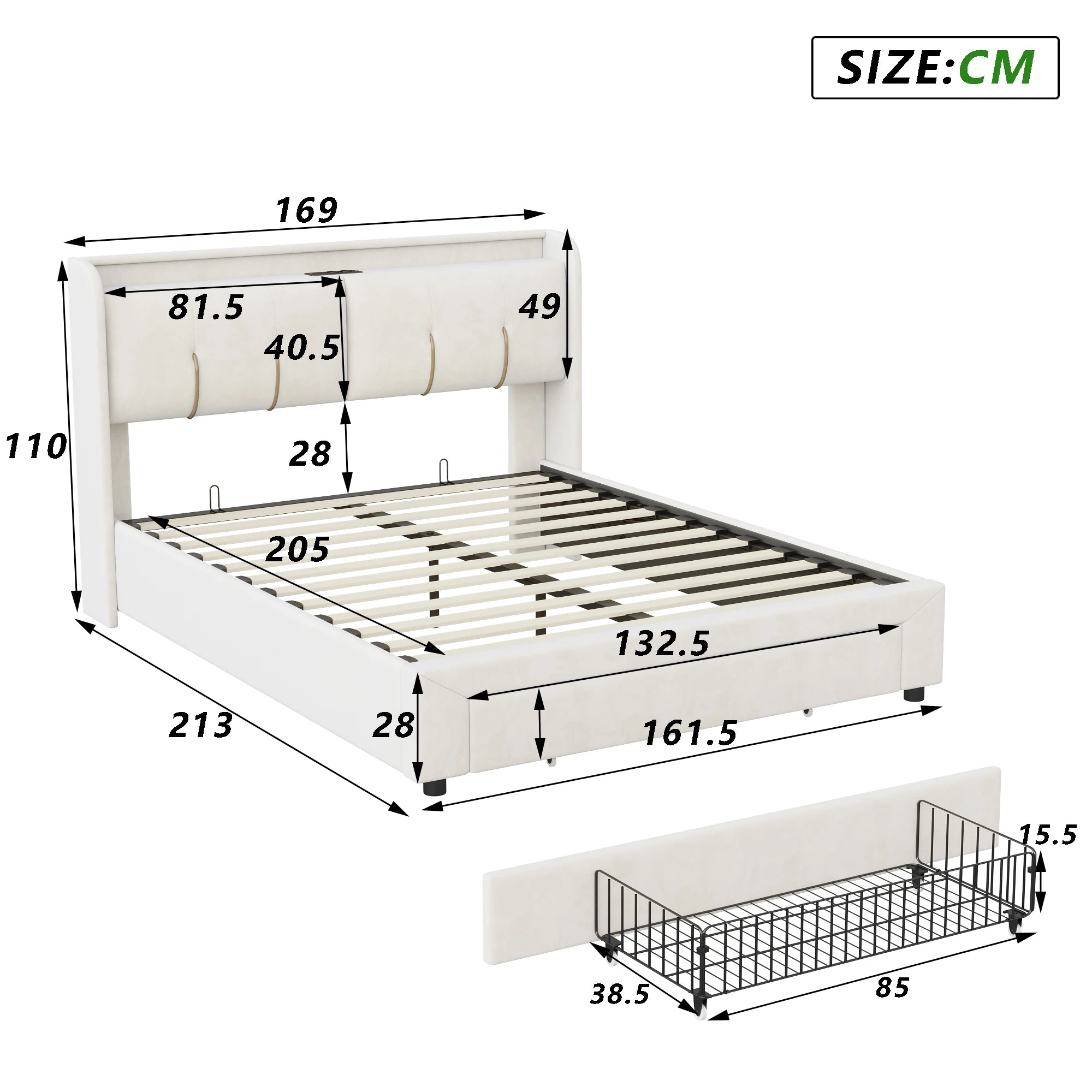 Upholstered Storage Bed Frame with LED & USB
