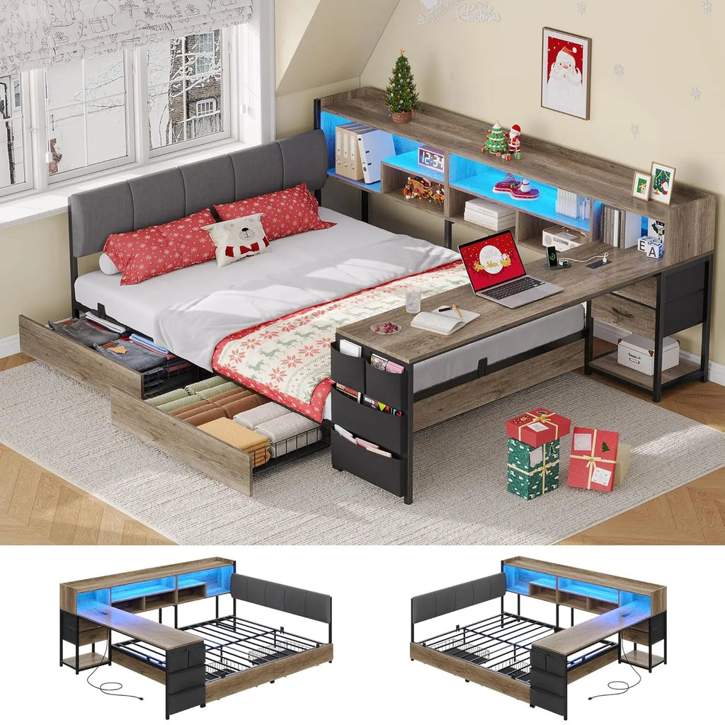 Corner Storage Bed with Desk Headboard
