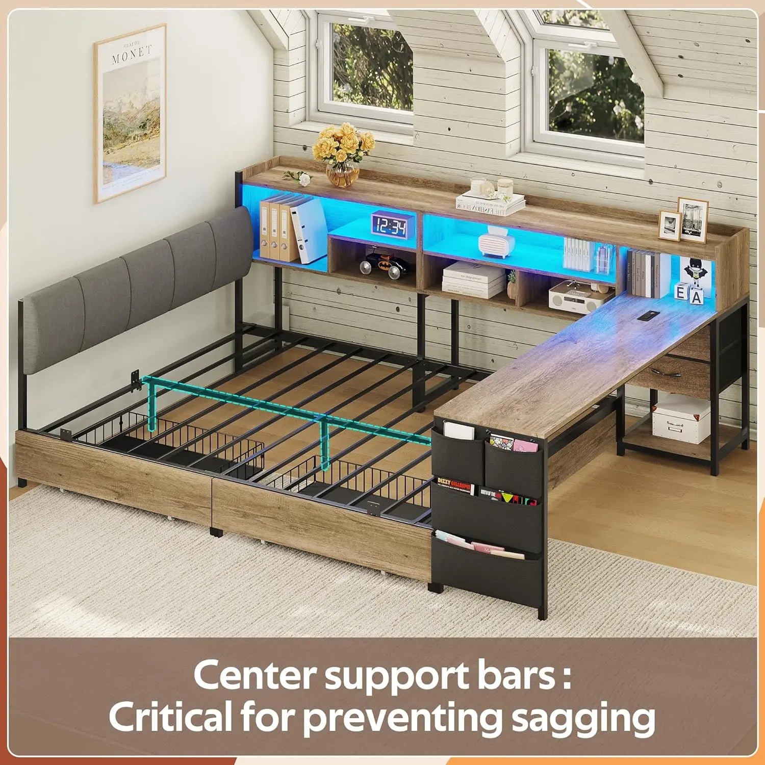 Corner Storage Bed with Desk Headboard
