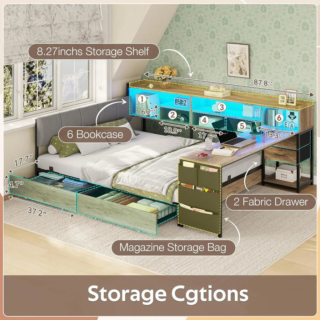 Corner Storage Bed with Desk Headboard