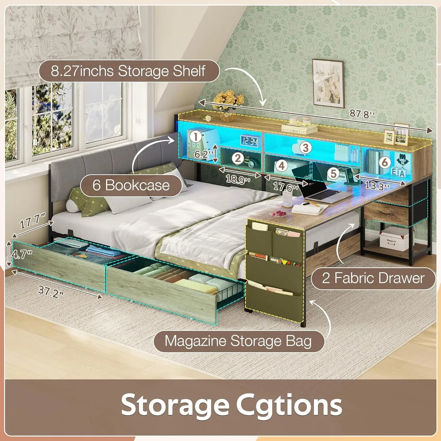 Corner Storage Bed with Desk Headboard