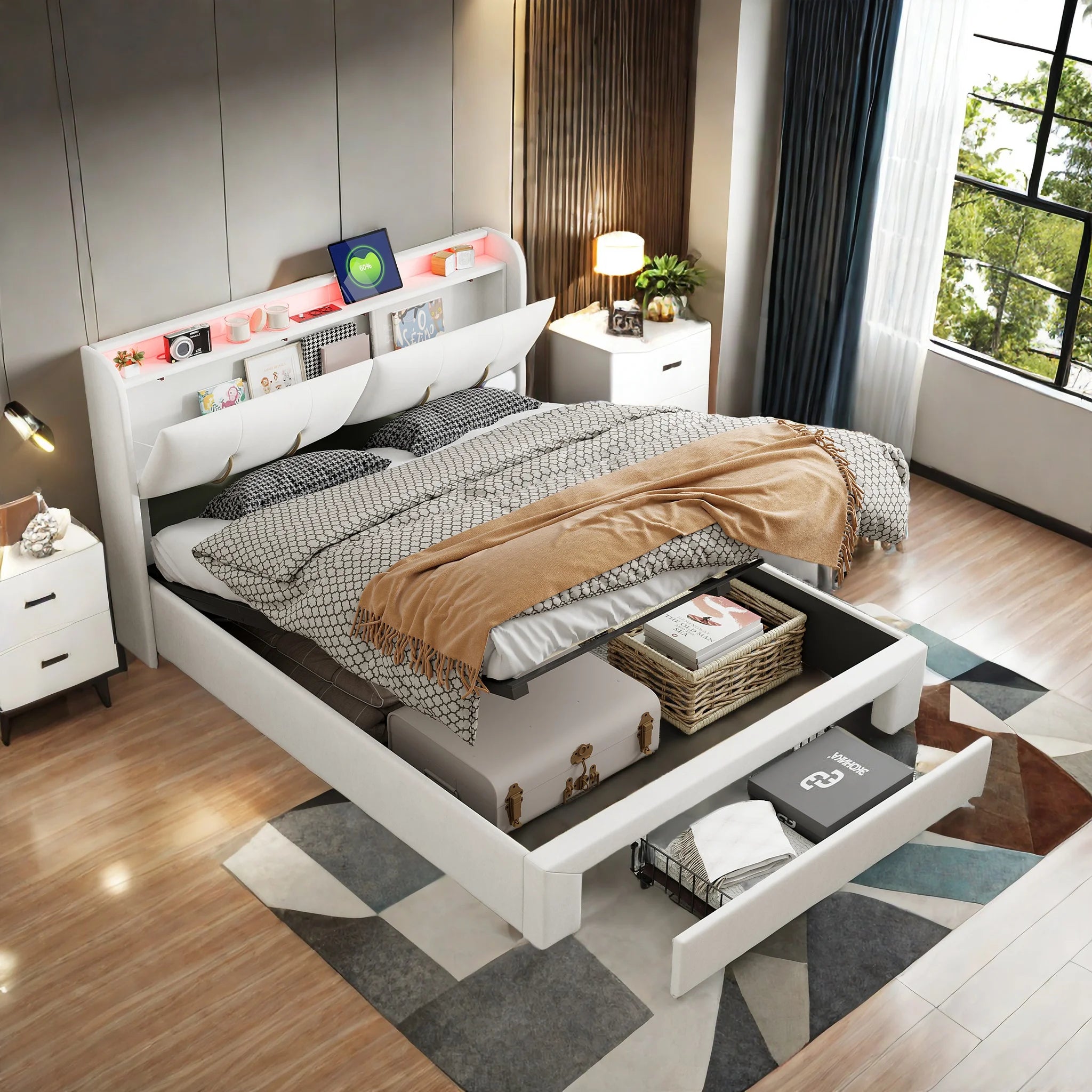 Upholstered Storage Bed Frame with LED & USB