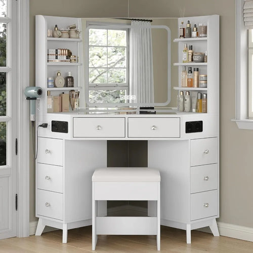 Corner Vanity Desk with Speaker & Mirror