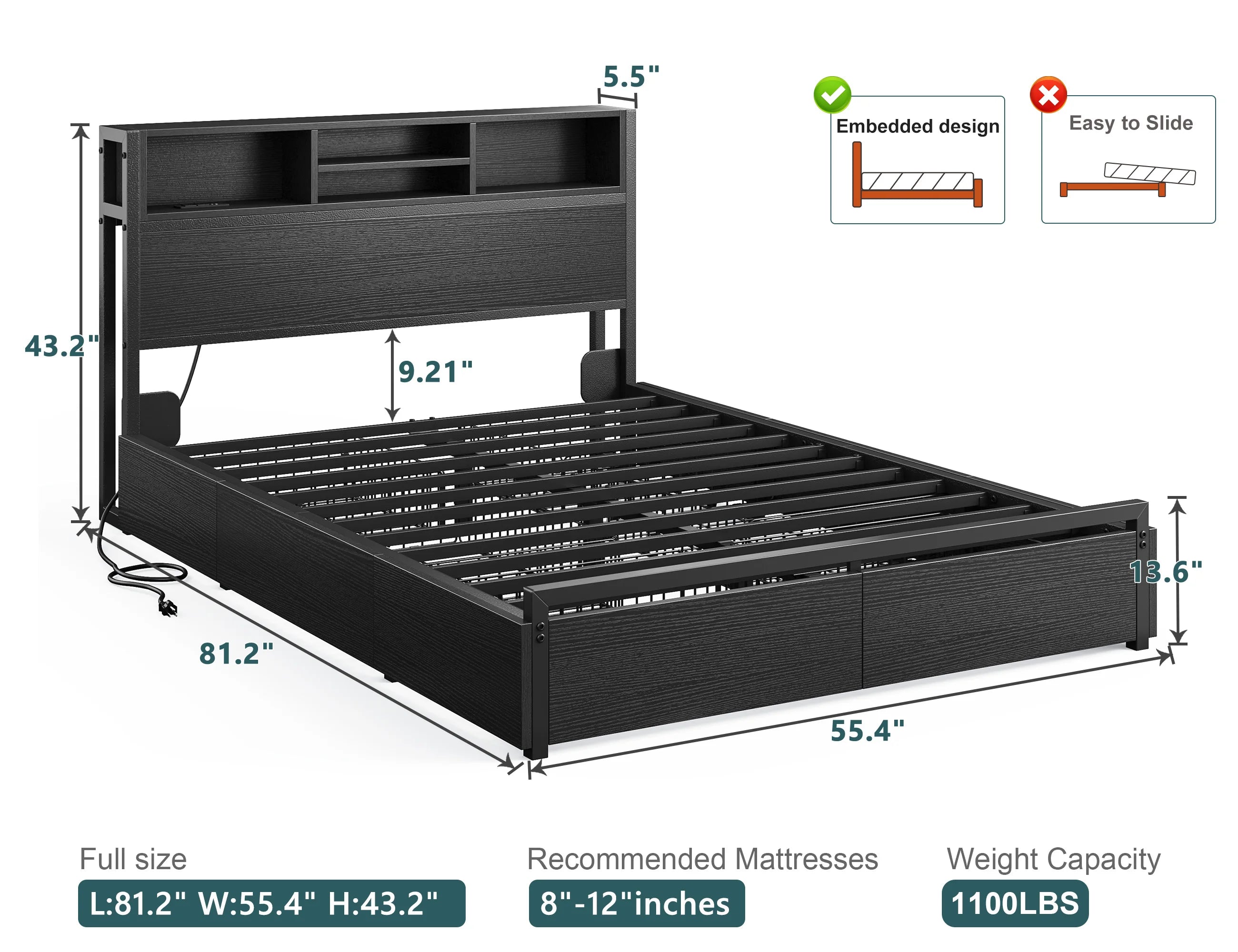 Metal Platform Bed with Storage Drawers