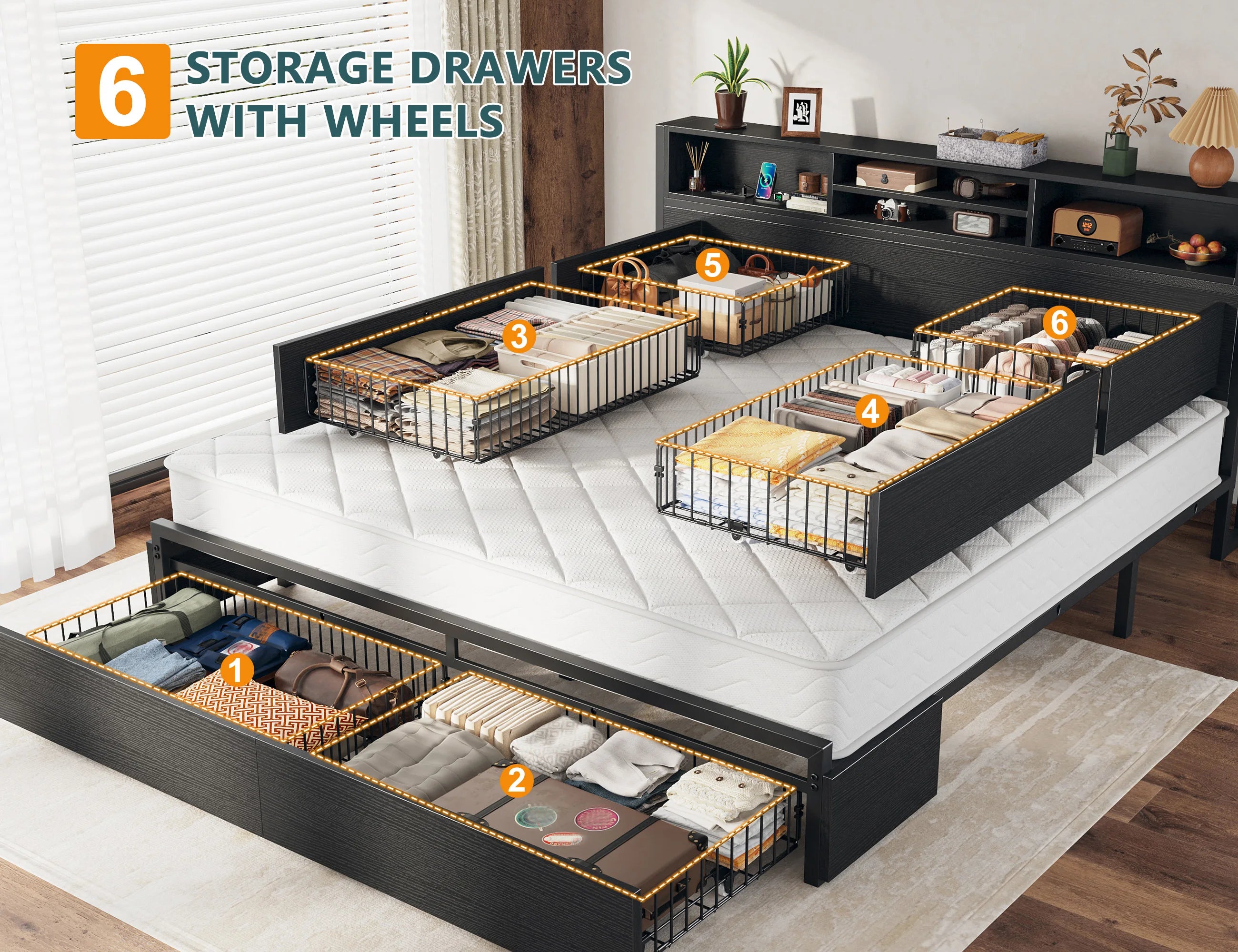 Metal Platform Bed with Storage Drawers