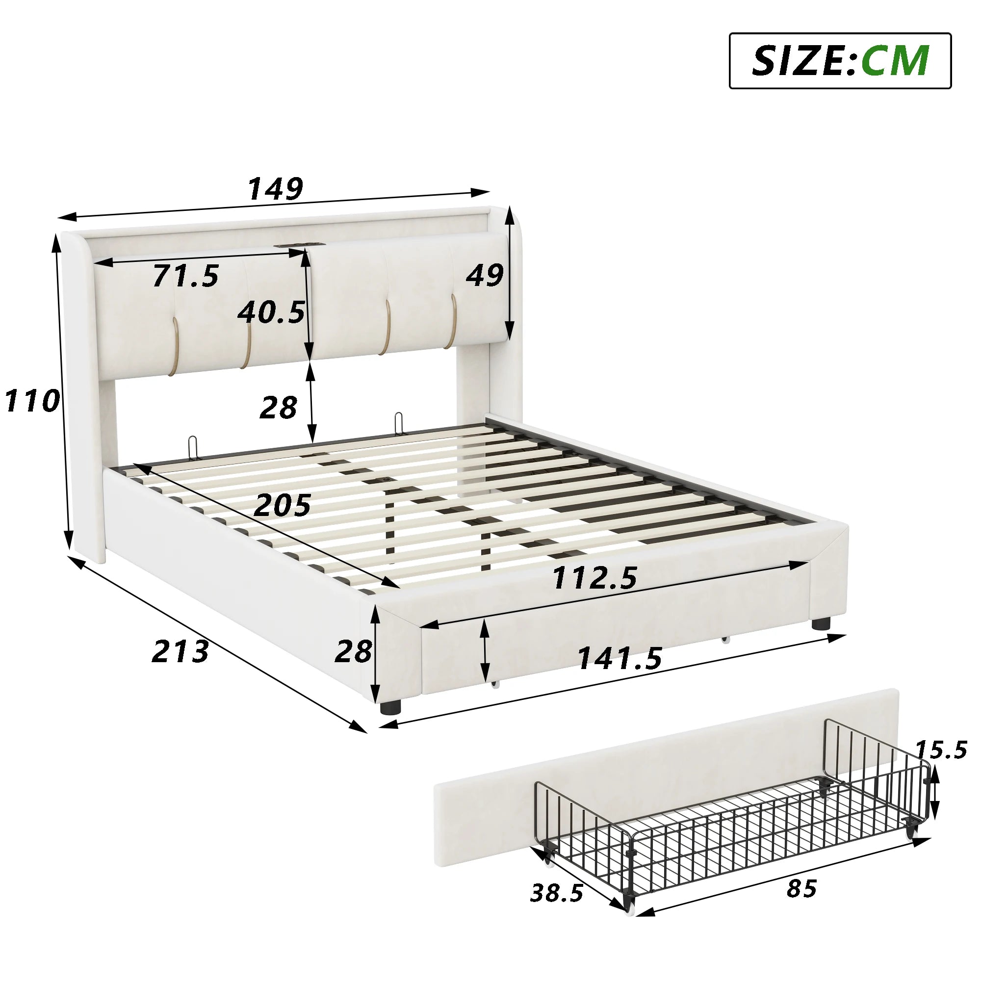 Upholstered Storage Bed Frame with LED & USB
