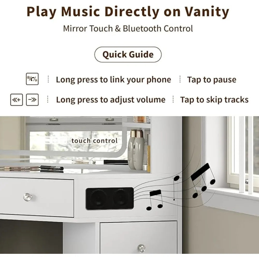 Corner Vanity Desk with Speaker & Mirror