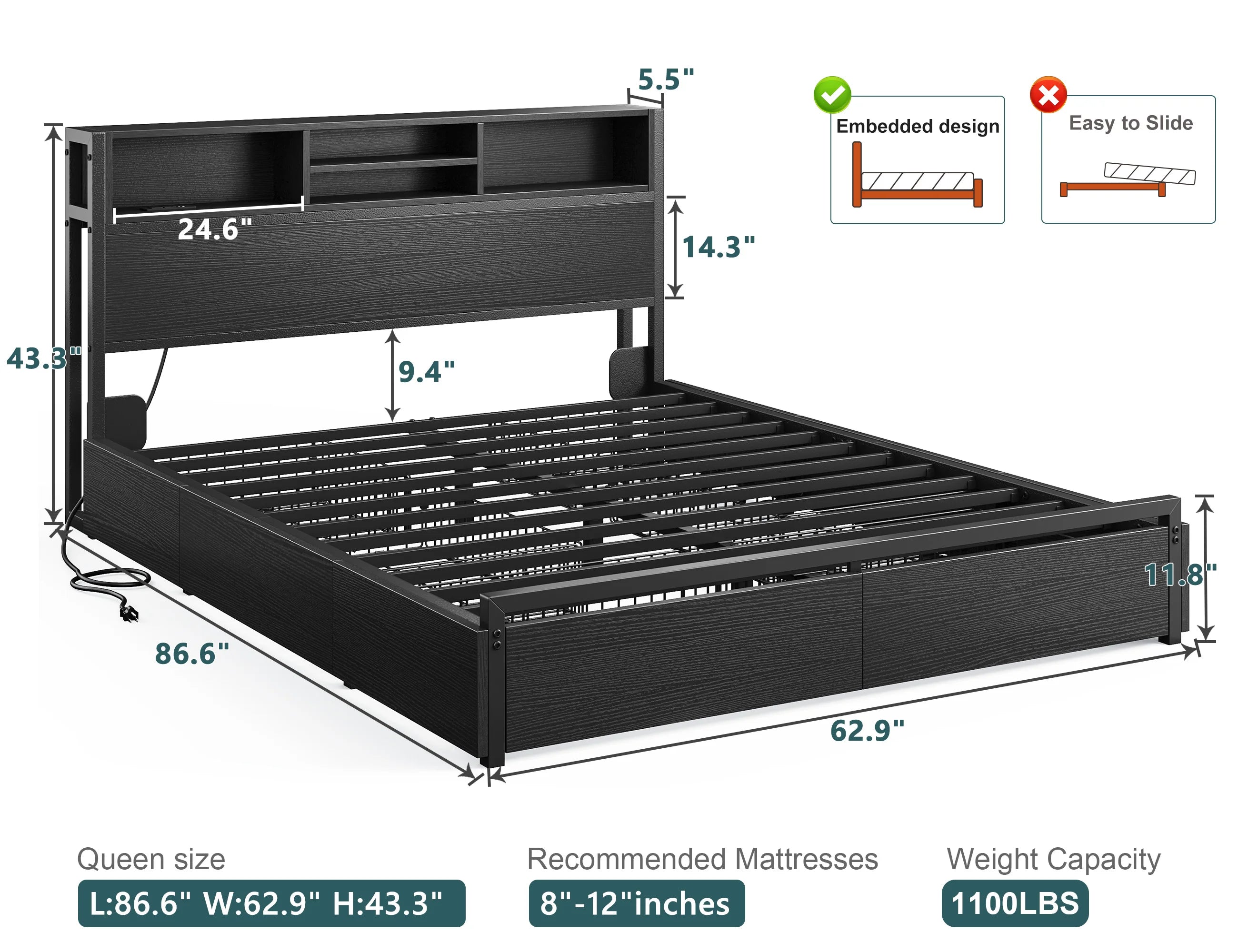 Metal Platform Bed with Storage Drawers