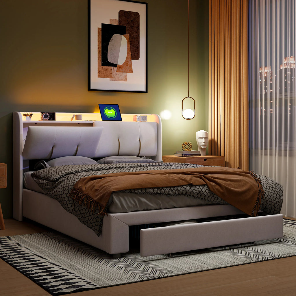 Upholstered Storage Bed Frame with LED & USB