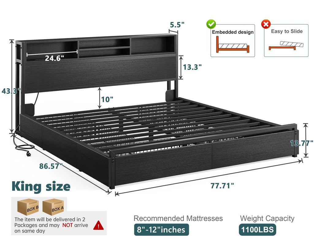 Metal Platform Bed with Storage Drawers