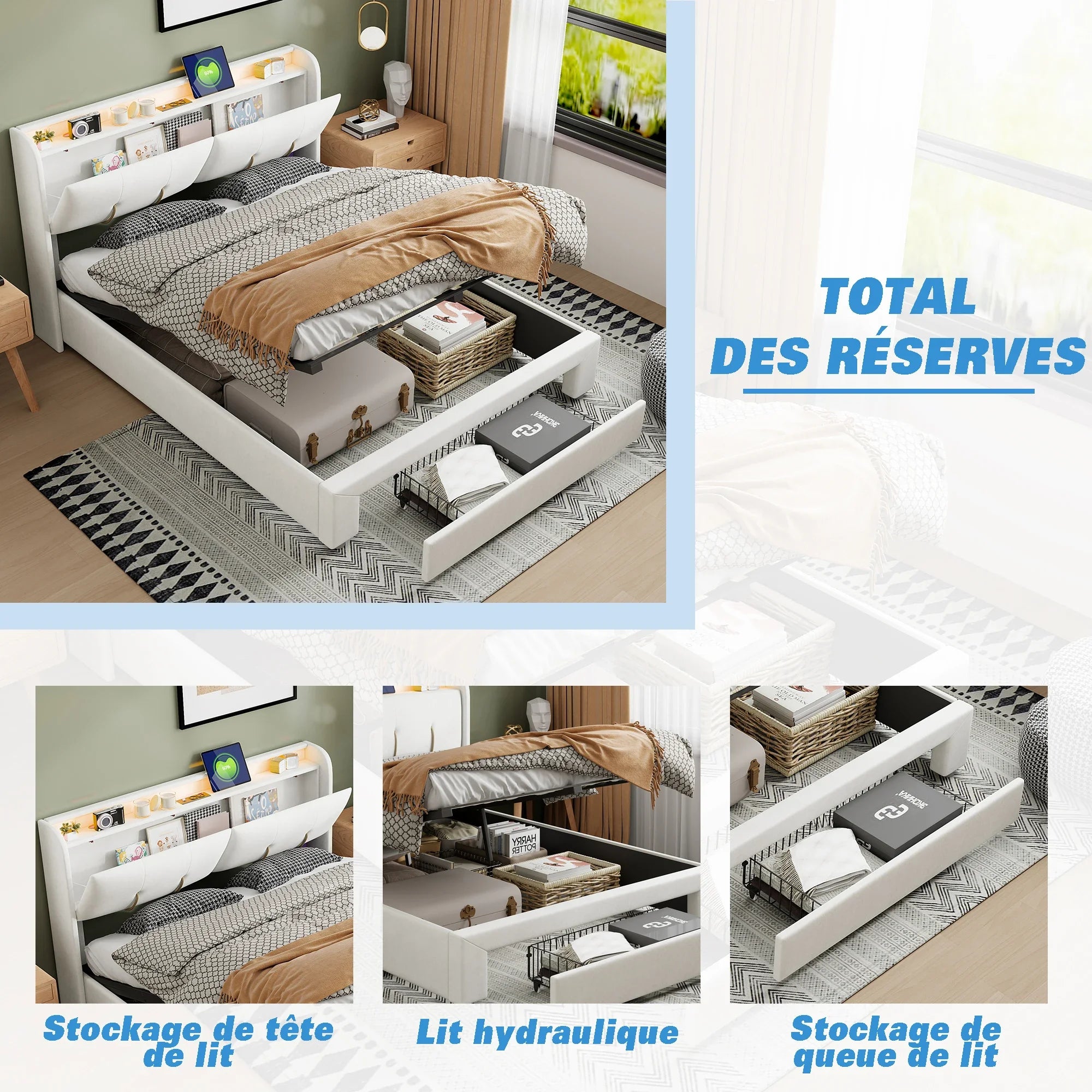 Upholstered Storage Bed Frame with LED & USB