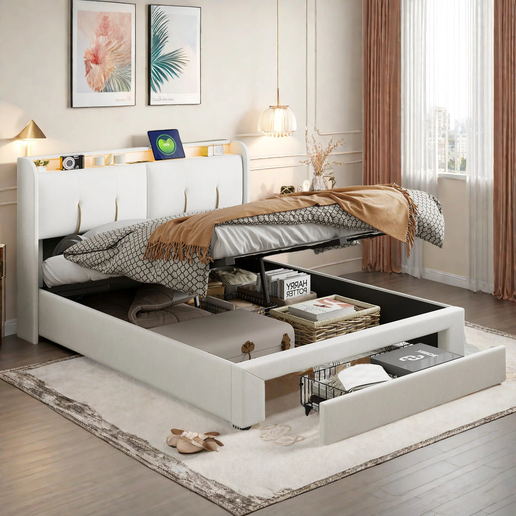 Upholstered Storage Bed Frame with LED & USB