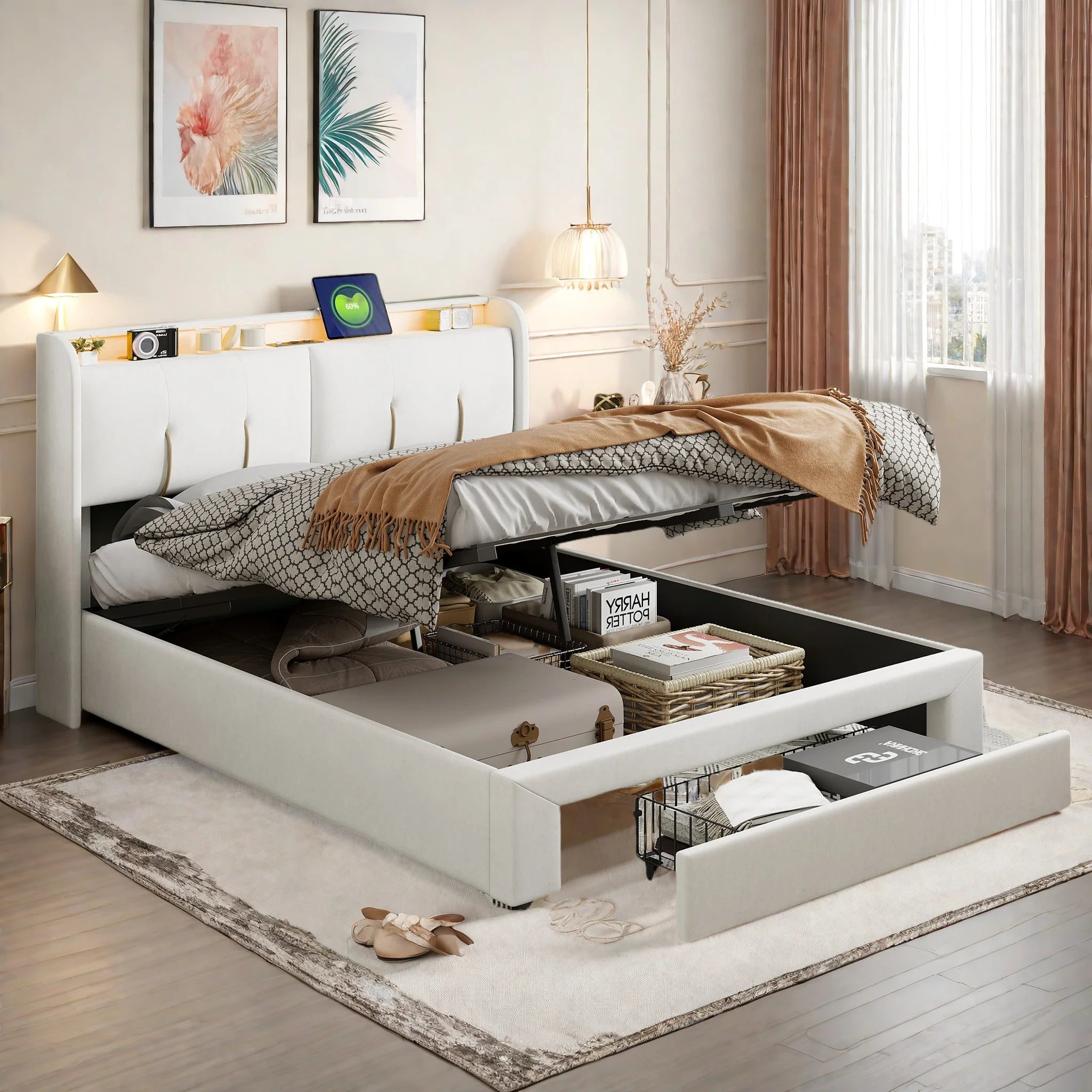 Upholstered Storage Bed Frame with LED & USB