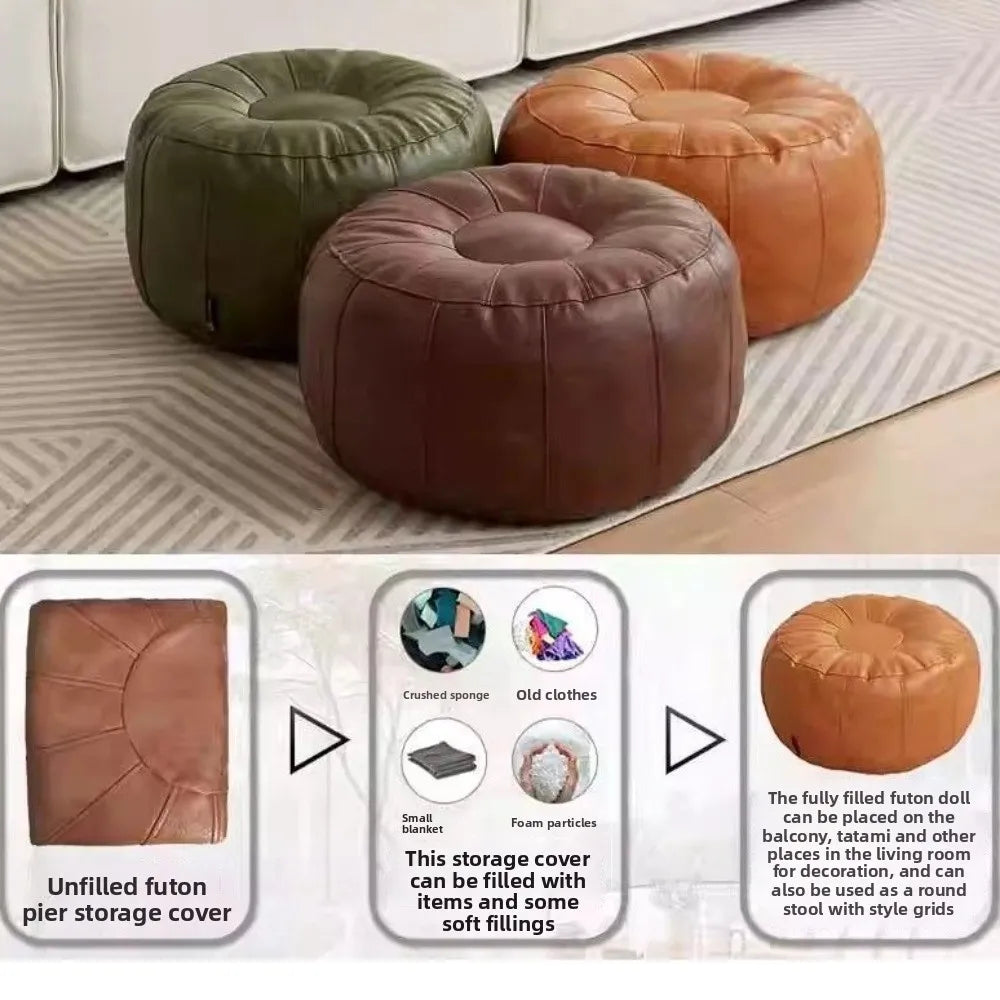 Round Storage Pouf, PU Leather