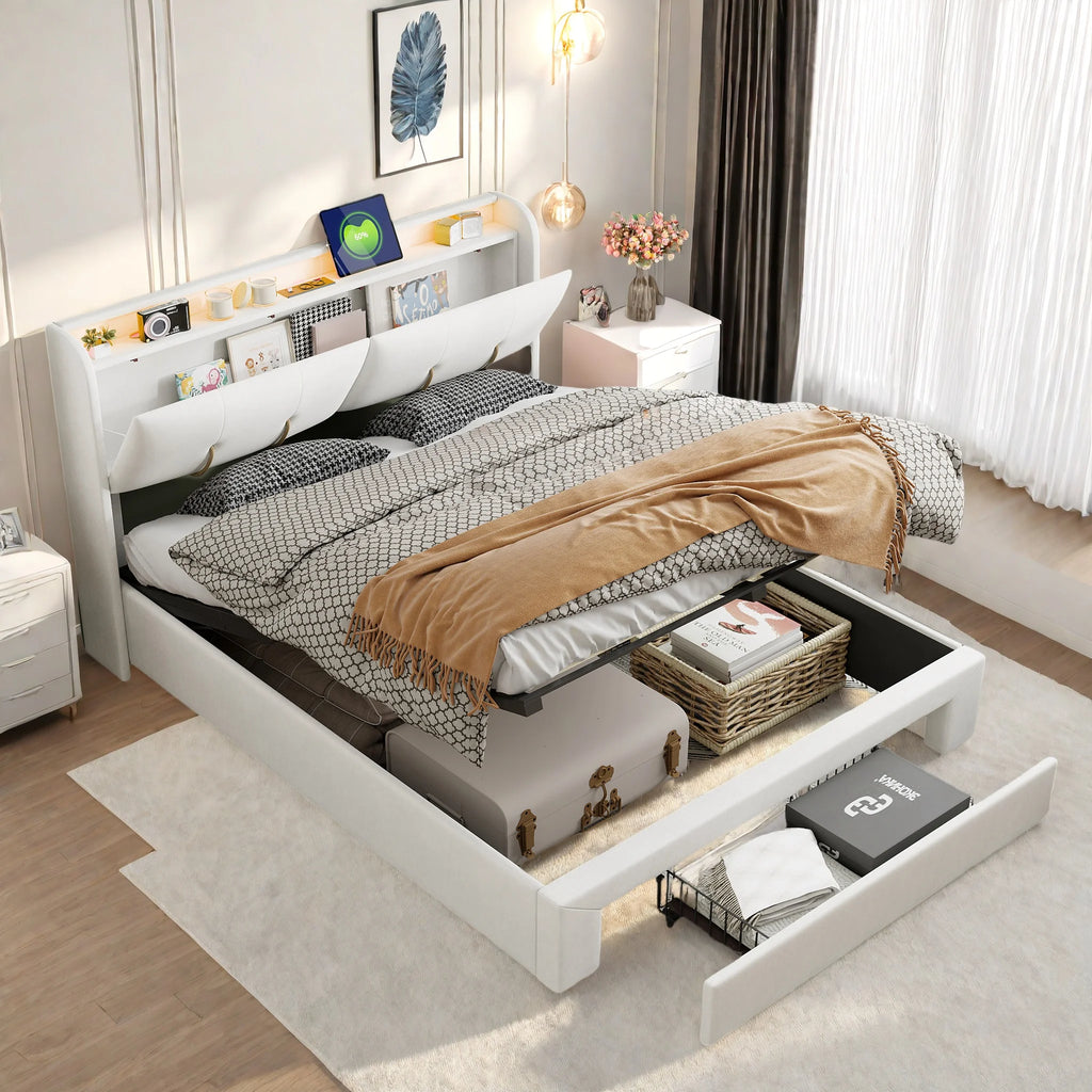 Upholstered Storage Bed Frame with LED & USB