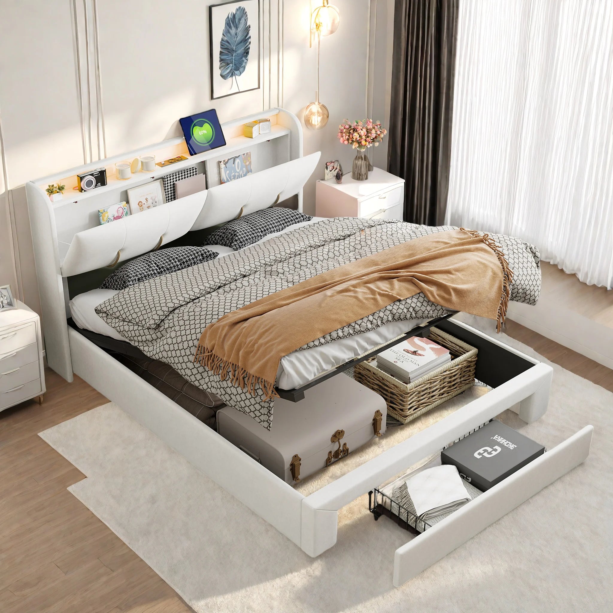 Upholstered Storage Bed Frame with LED & USB