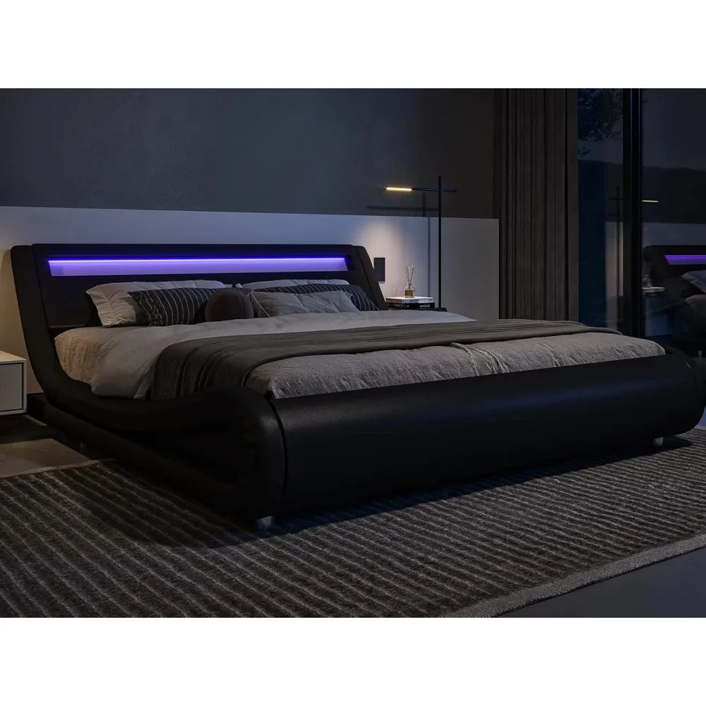 LED Platform Bed Frame, Faux Leather