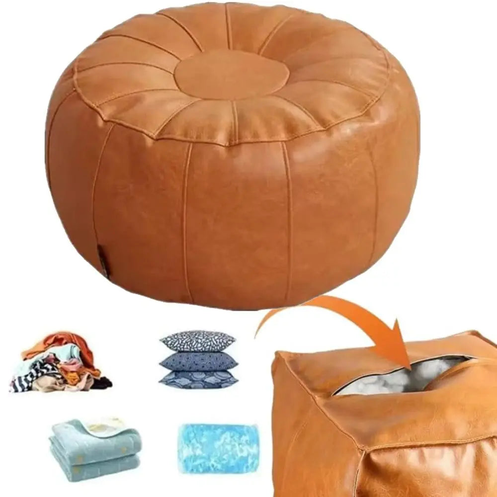 Round Storage Pouf, PU Leather