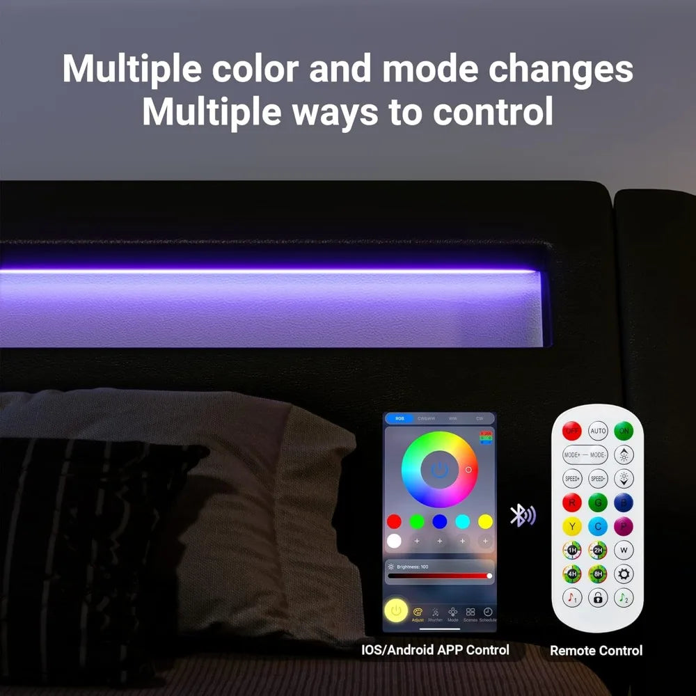 LED Platform Bed Frame, Faux Leather