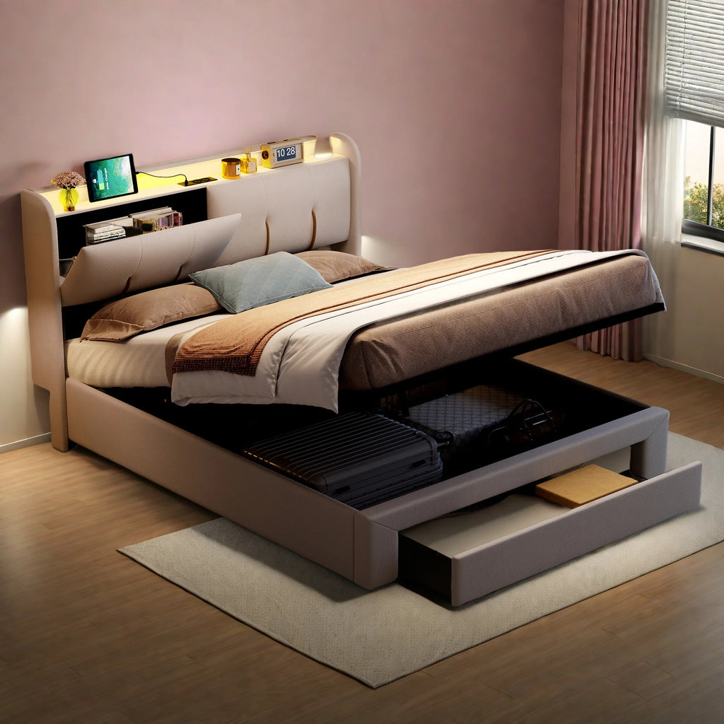 Upholstered Storage Bed Frame with LED & USB