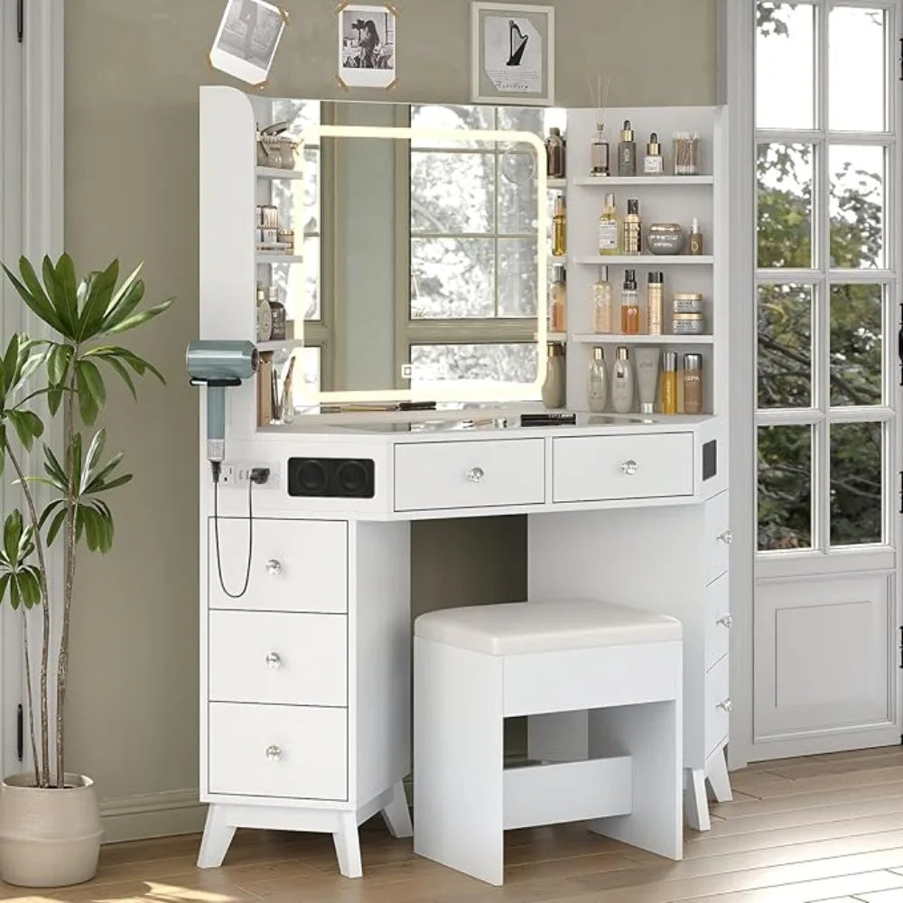 Corner Vanity Desk with Speaker & Mirror