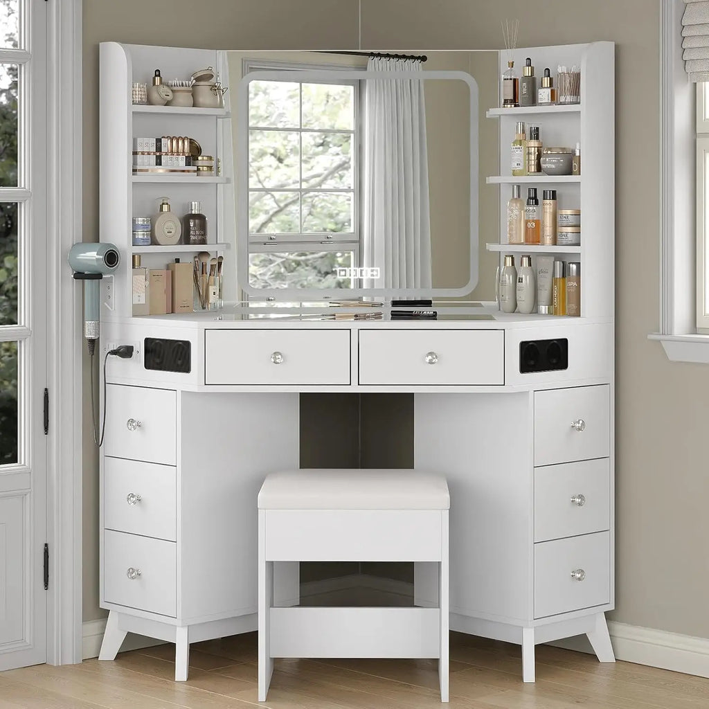 Corner Vanity Desk with Speaker & Mirror