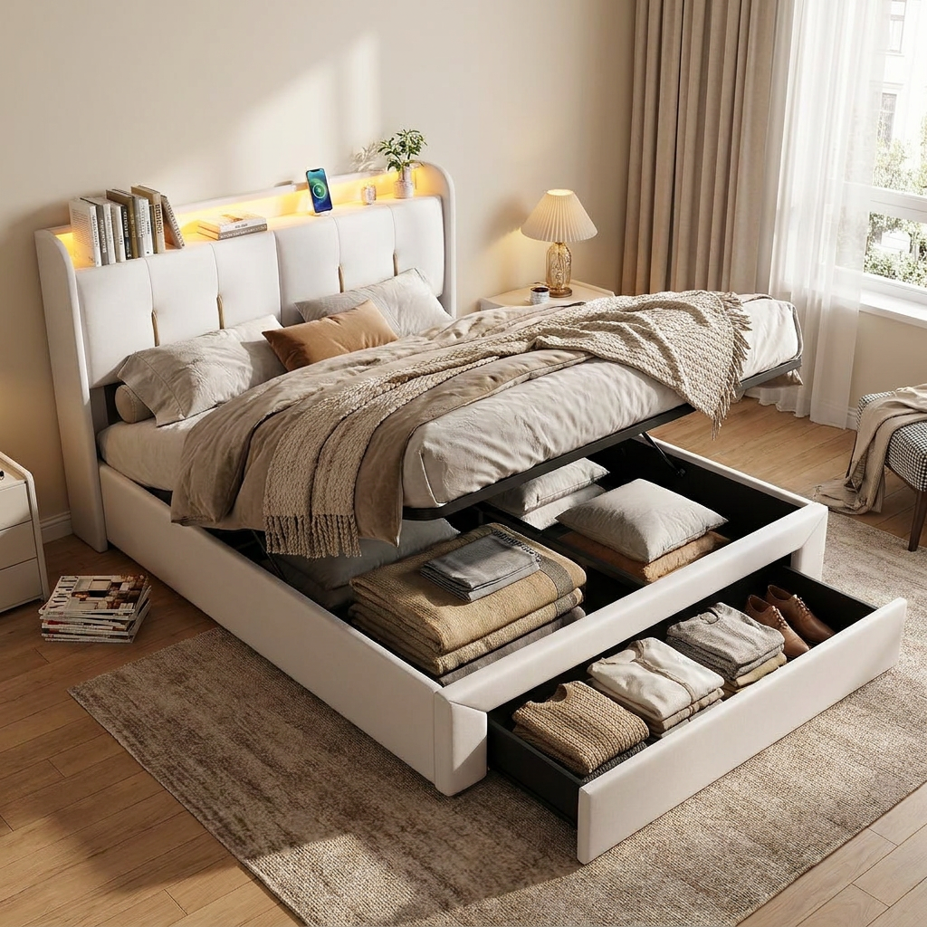 Rosahqnda Upholstered bed with storage, LED double bed with USB Ports , box bed, with storage, velvet Fabric, without mattress
