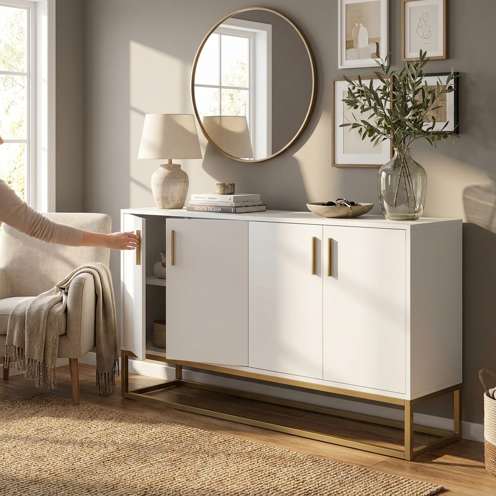 Rosahqnda 4 Doors Minimalist Sideboard Storage Cabinets Handless Buffed Cabinet for Dining Room