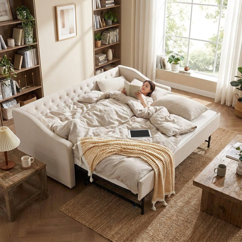 Twin to King Daybed with Trundle, USB Ports Soft Upholstered Daybed