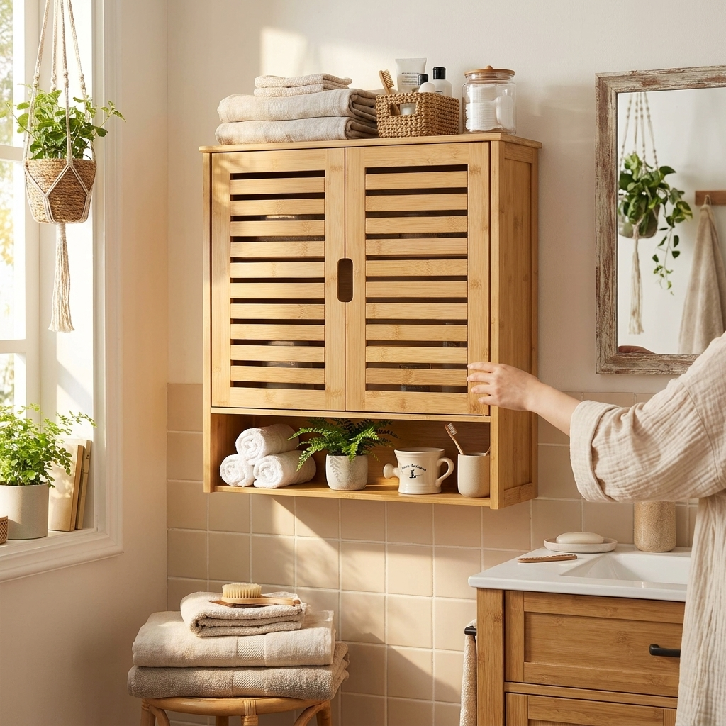 Wall Mounted Bamboo Bathroom Cabinet Storage Shelf Medicine Cupboard Organizer Rack
