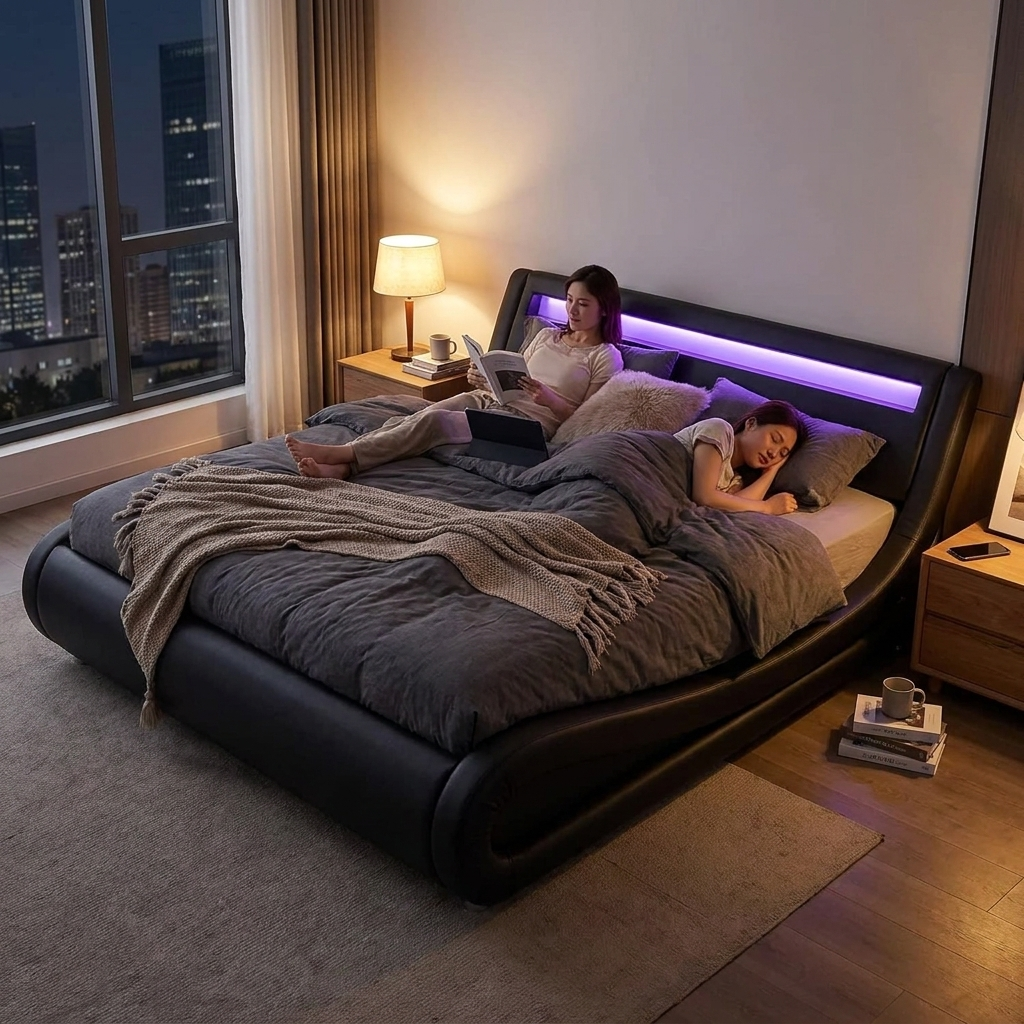 Allewie Full Size LED Platform Bed Frame with Adjustable Headboard