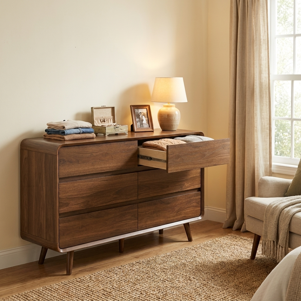 6 Drawer Mid Century Modern Wood Dresser Storage for Bedroom Hallway Entryway
