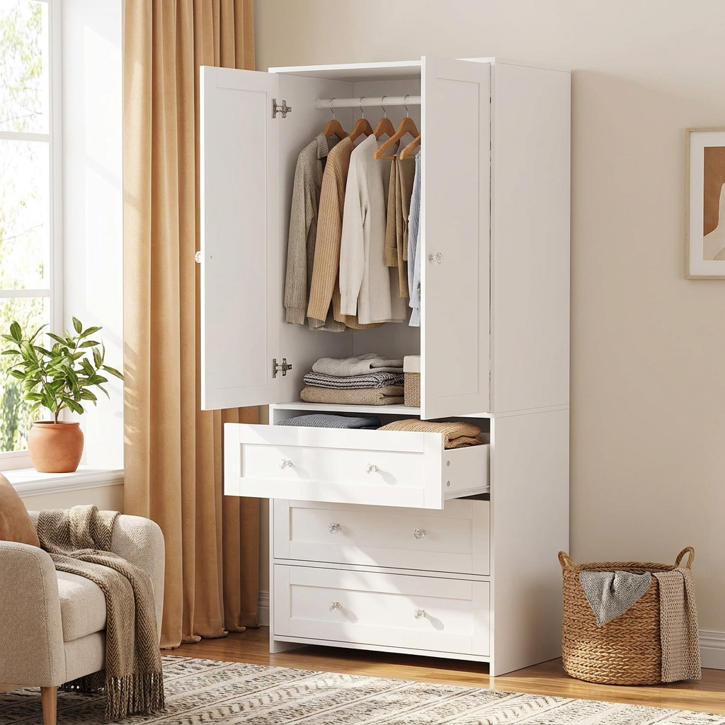 Armoire Wardrobe Closet with Drawers and Mirror, Clothing Storage Cabinet