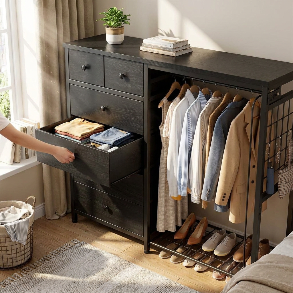 49.2in W Dresser for Bedroom with Hanging Rack 6 Drawers Dresser with LED Lights