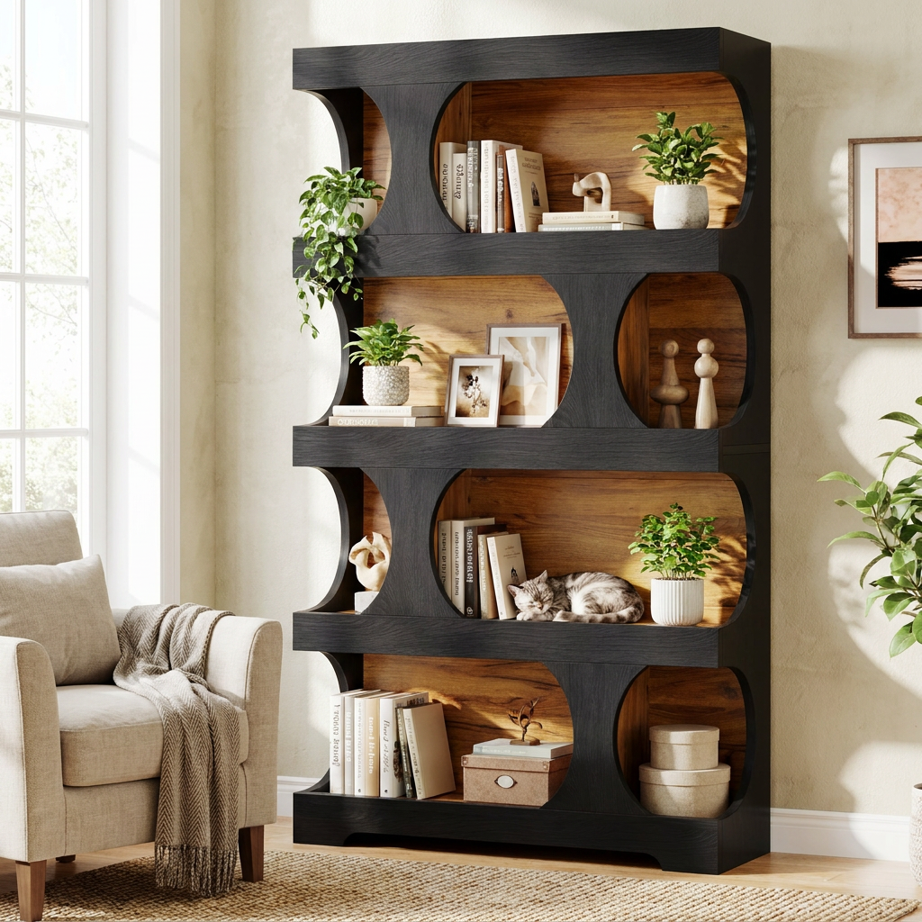 Tribesigns 71in Tall Bookcase, 4-Tier S-Shaped Bookshelf