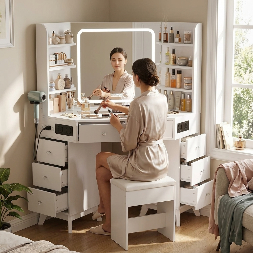 Corner Vanity Desk with Bluetooth Speaker, 8 Drawers & 6 Shelves