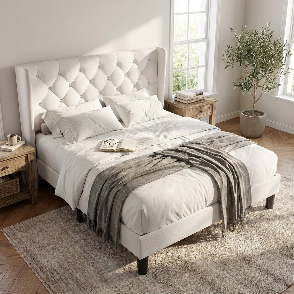 Queen Velvet Platform Bed Button Tufted Upholstered Frame Wooden Slats