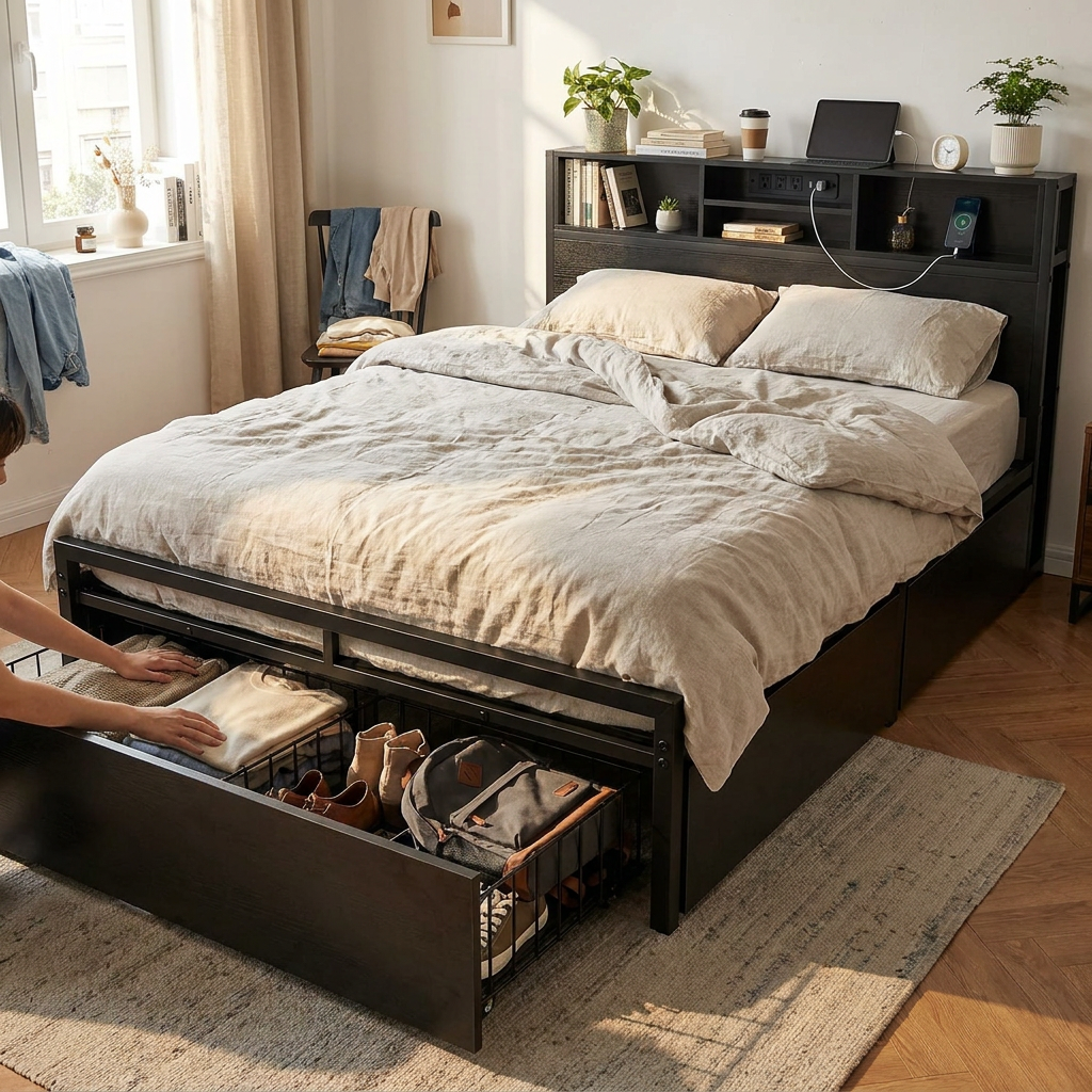 EnHomee Full/Queen/King Bed Frame with 6 Storage Drawers & Charging Station