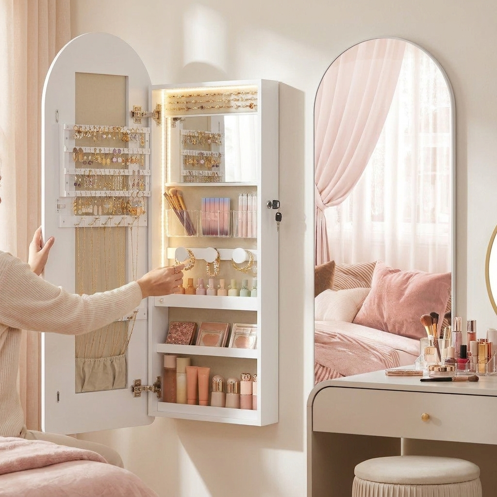 SONGMICS Wide Jewelry Organizer, LED Jewelry Cabinet Wall/Door Mounted