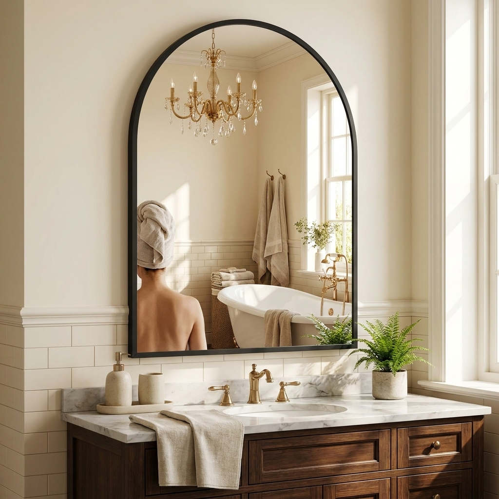 JHK 26x38 Arched Metal Framed Mirror for Wall Matte Metal Framed Modern Dressing Mirror