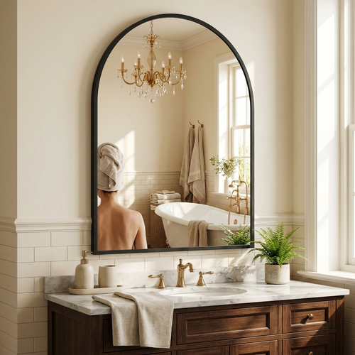 JHK 26x38 Arched Metal Framed Mirror for Wall Matte Metal Framed Modern Dressing Mirror